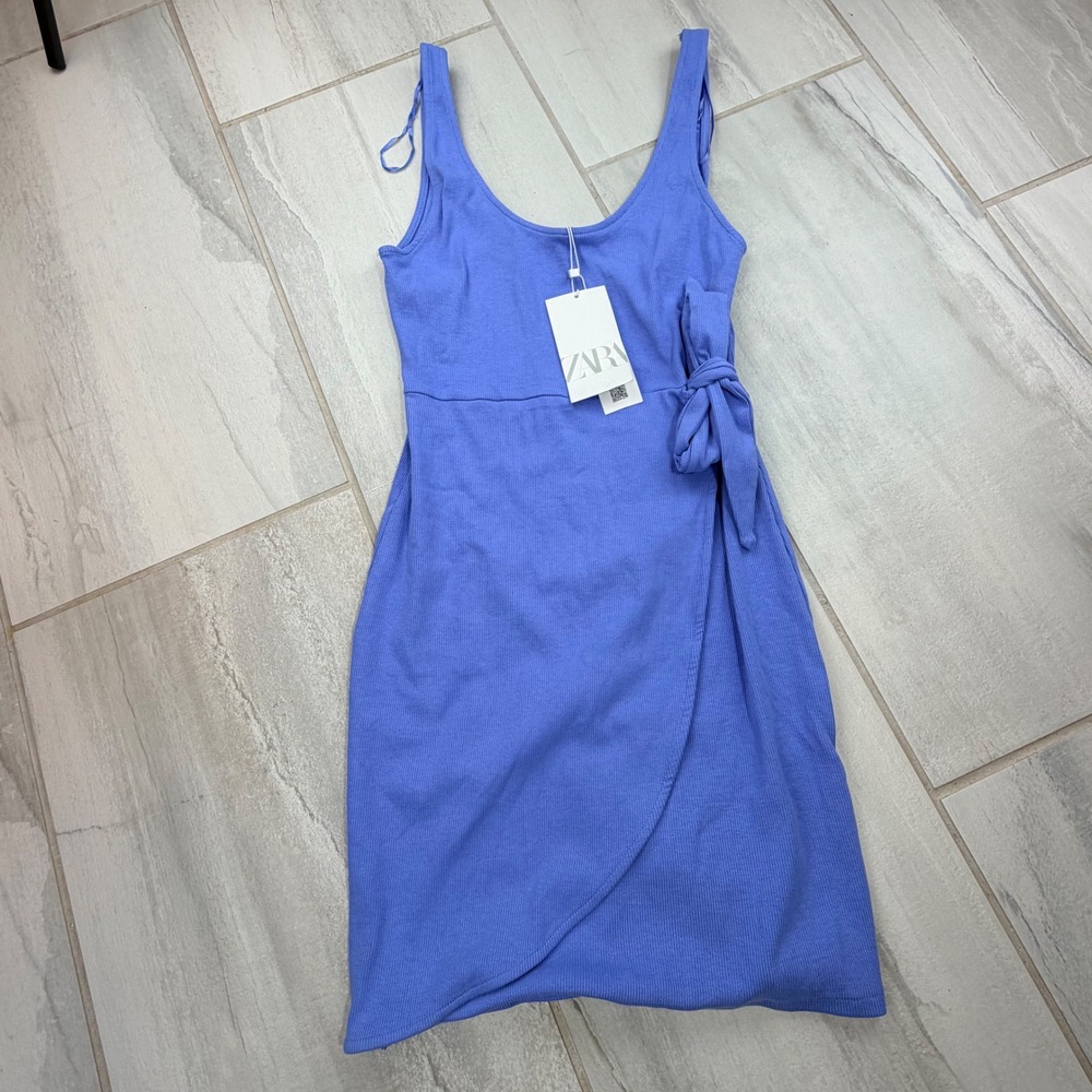 Zara Blue Ribbed Knit Side Tie Wrap-Look Mini Dress L NWT 4424/326/406